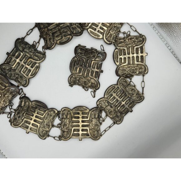 Vintage H.K. Carved Metal Figural Panel Belt – 30" with Extra Panel – 180g Heavy - Picture 8 of 8